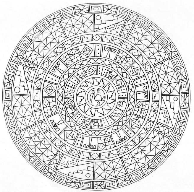 ausmalbild Azteken Symbole in einem Kreis