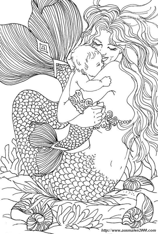 ausmalbild Meerjungfrau mit einem Baby