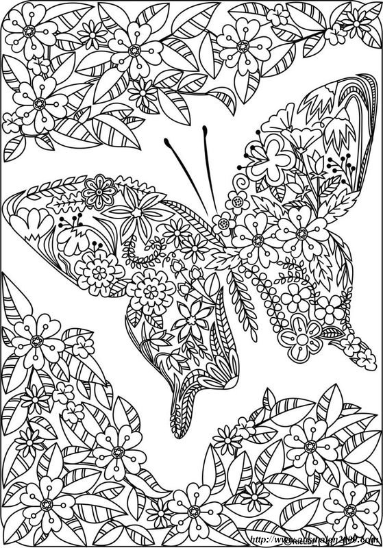 ausmalbild Schmetterling und sehr detaillierte Blumen