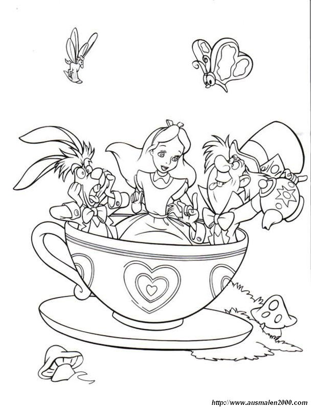 ausmalbild Alice mit ihren Freunden in einer Tasse