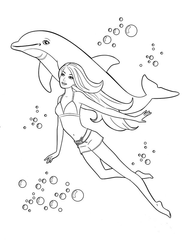 ausmalbild Ein Delfin mit Barbie im Meer