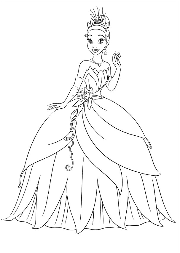 ausmalbild Tiana in ein Prinzessin Kleid
