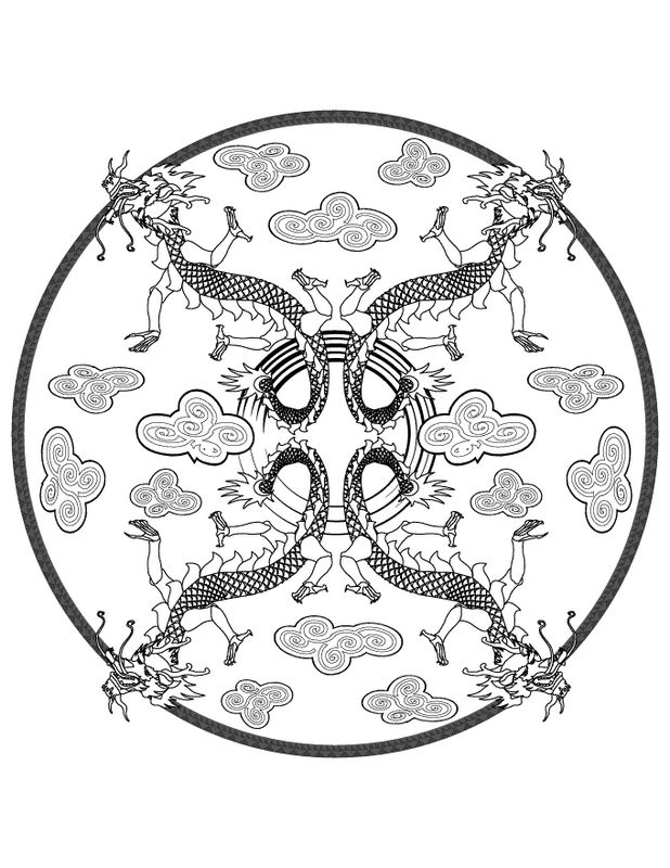 ausmalbild Mandala mit vier Drachen