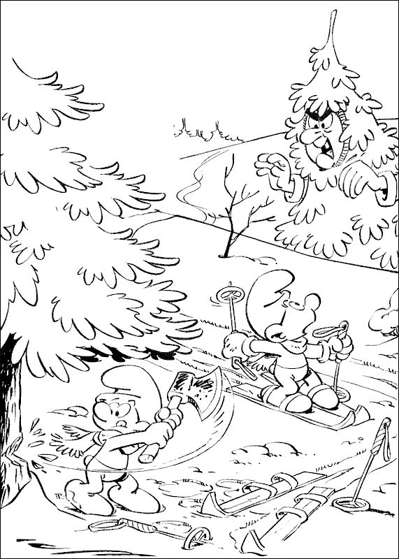 ausmalbild Gargamel ist in einem Baum versteckt