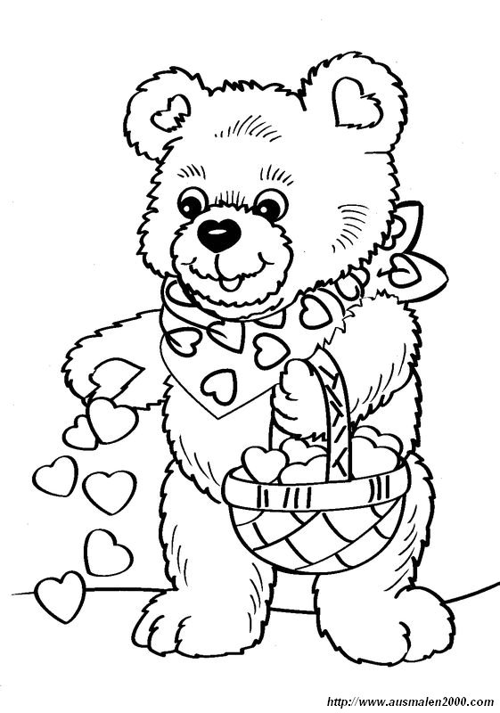ausmalbild Teddybar mit Herzen
