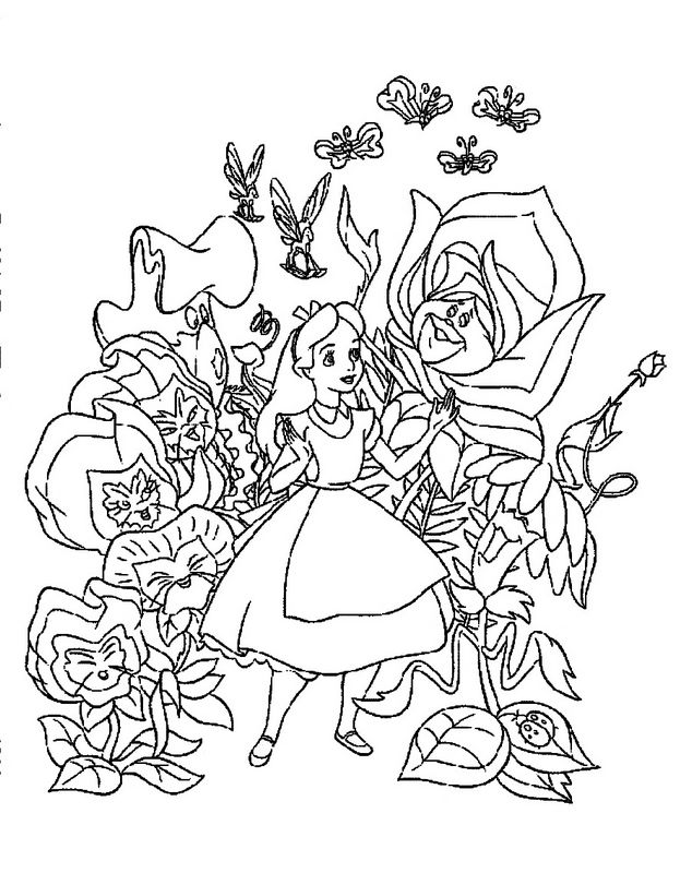 ausmalbild Alice in einem magischen Garten