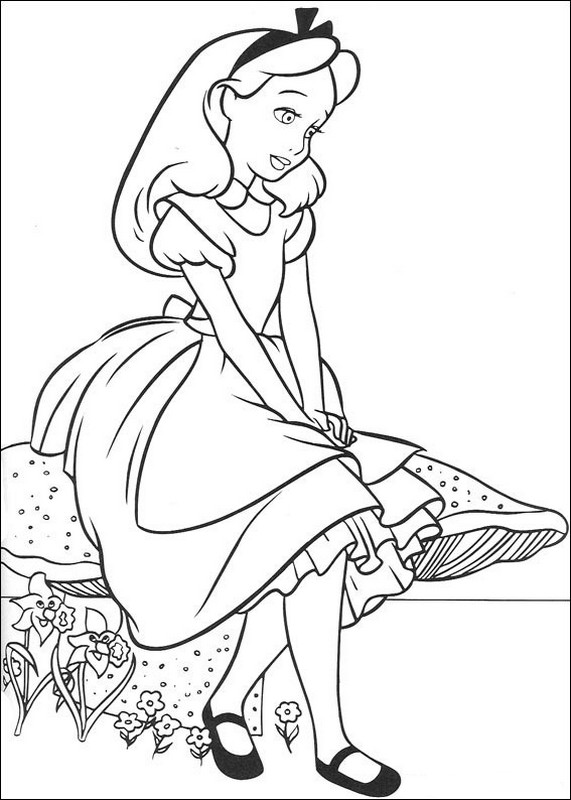 ausmalbild Alice sitzt auf einem Pilz