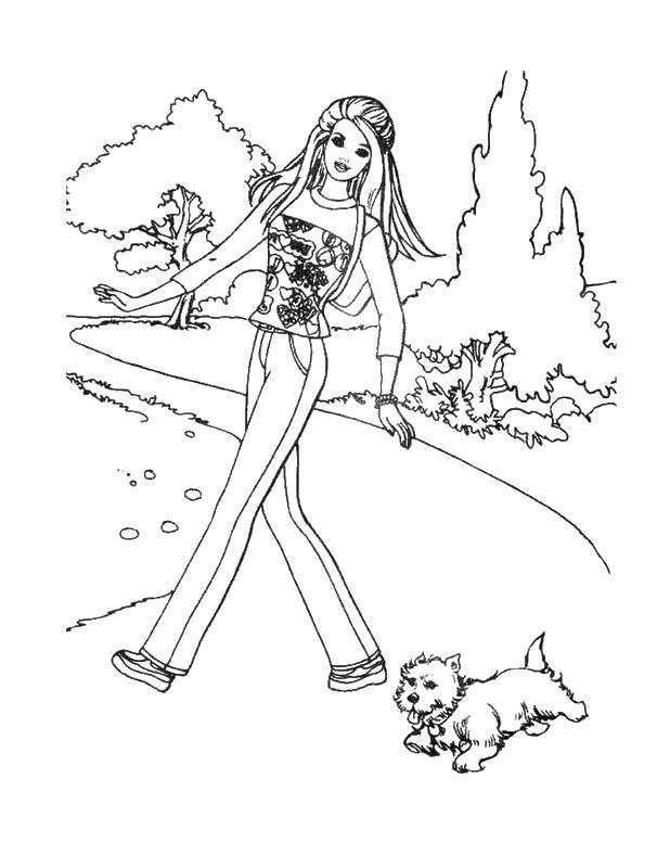 ausmalbild Die Promenade von Barbie und ihr Hund