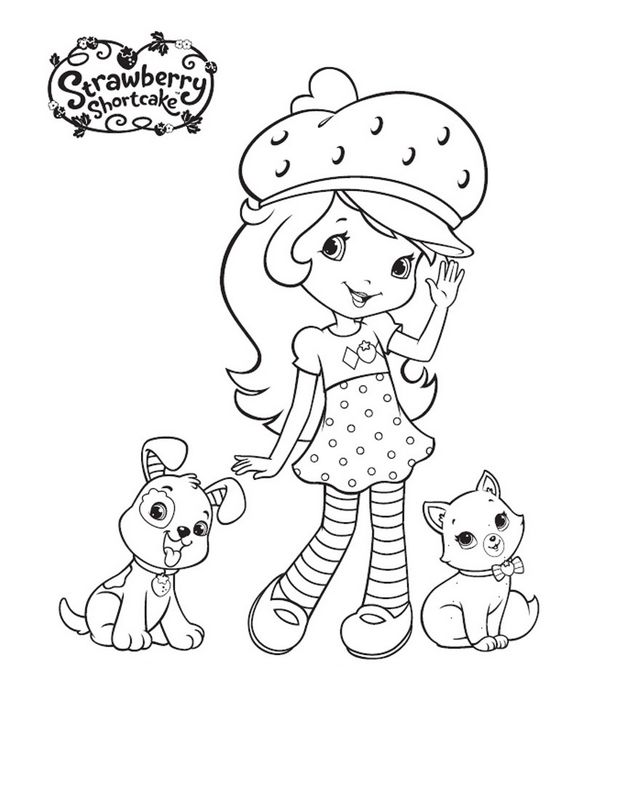 ausmalbild Emily Erdbeer mit ihrem kleinen Hund und Katze