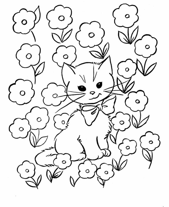 ausmalbild Kleine Katze mit Blumen