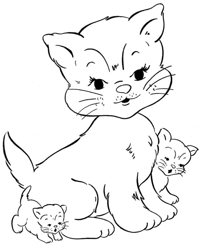 ausmalbild Mutter mit zwei kleinen Katzen