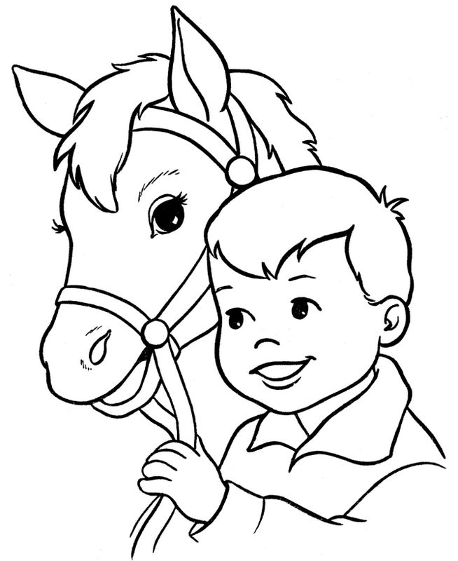 ausmalbild Ein Junge mit einem kleinen Pferd