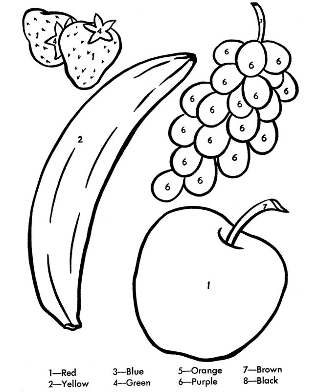 ausmalbild Erdbeer Banane Apfel und Traube