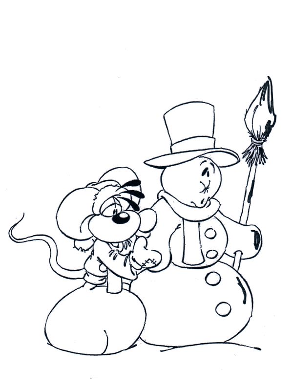 ausmalbild Diddl mit einem Schneemann