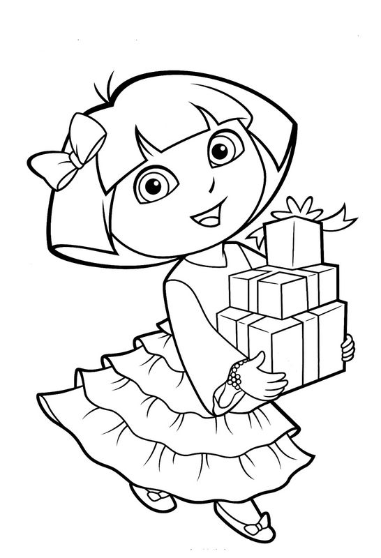 ausmalbild Dora mit Weihnachtsgeschenke