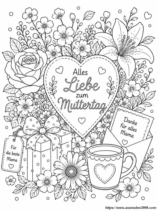 ausmalbild Ein blumiges Malbild voller Liebe fuer Mama