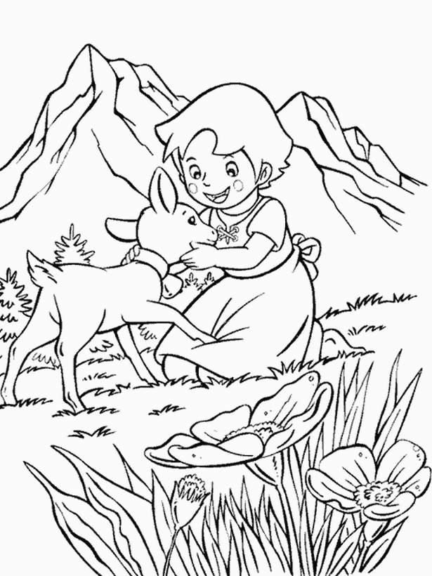 ausmalbild Heidi in den Bergen mit einem Lamm