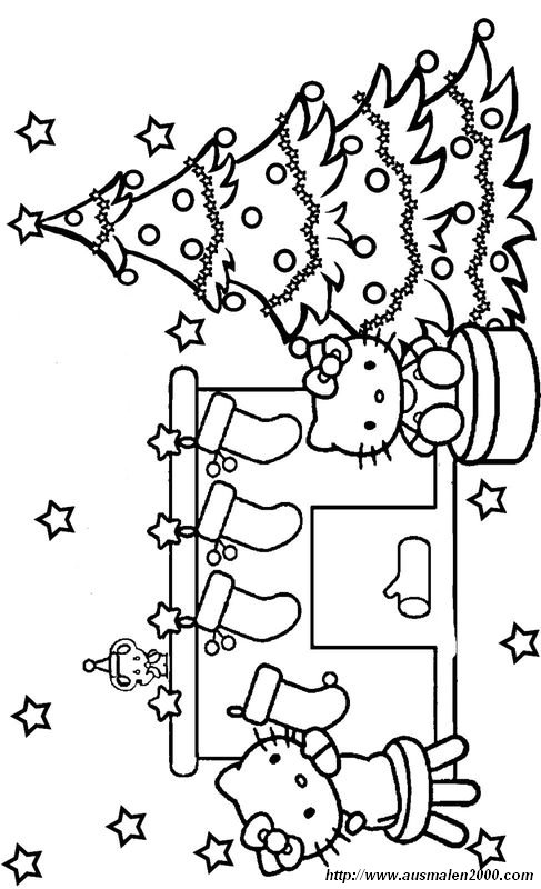 ausmalbild Hello Kitty und Weihnachtsbaum