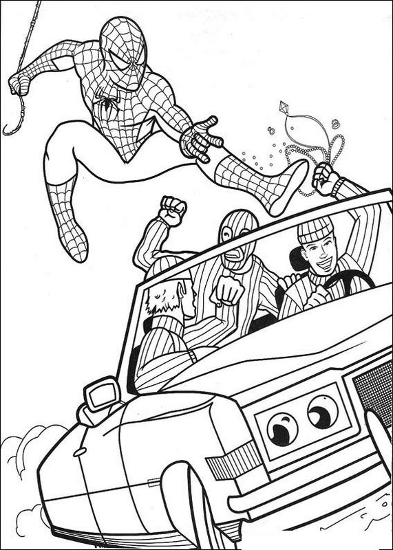 ausmalbild Spiderman und drei Rauber in einem Auto