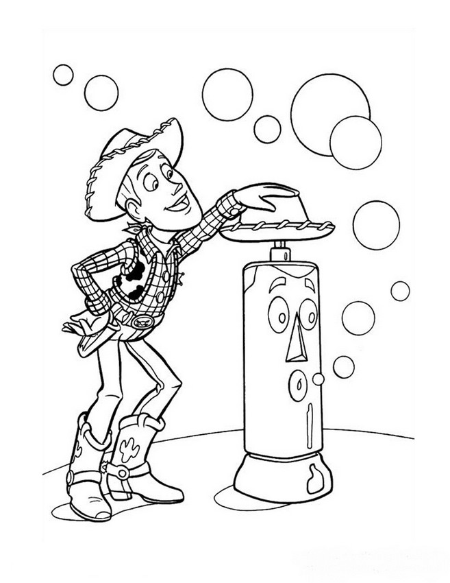ausmalbild Woody spielt mit Blasen